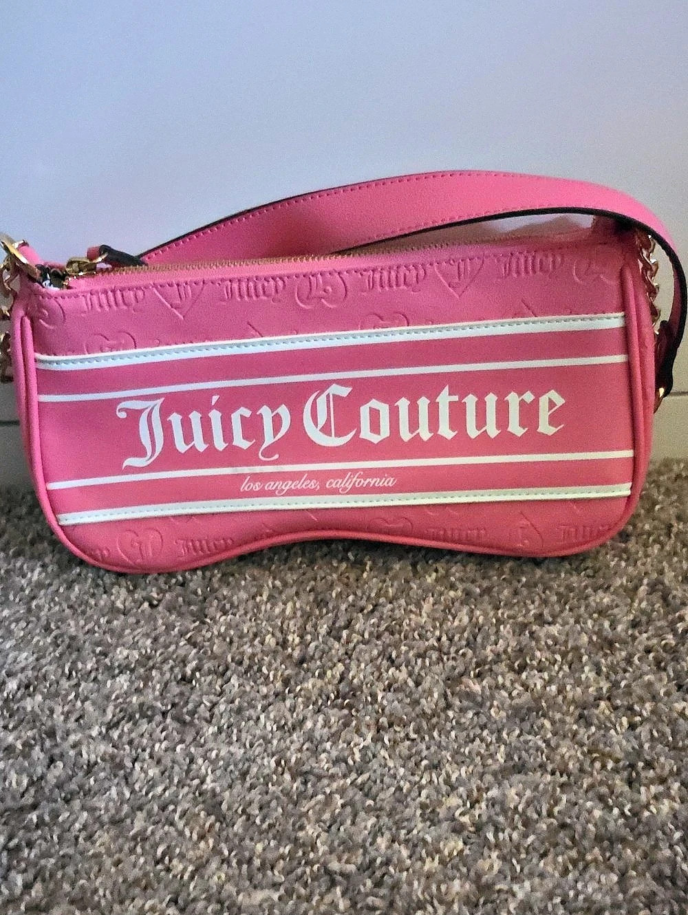 Juicy Couture Hot Pink Debossed Heart Logo Stripe Shoulder Bag